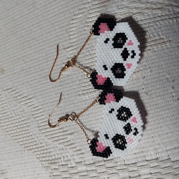 Panda Face Brick Stitch Beaded Handmade Hanging Earrings - Picture 1 of 7